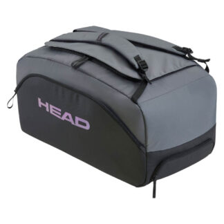 Black and grey duffle bag from HEAD. With purple HEAD branding on the side. Adjustable shoulder straps in grey. Multiple compartments - side, bottom and one big on the top.
