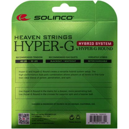 The back of a set of Solinco Hyper-G Hybrid 120 string in Neon Green colour.