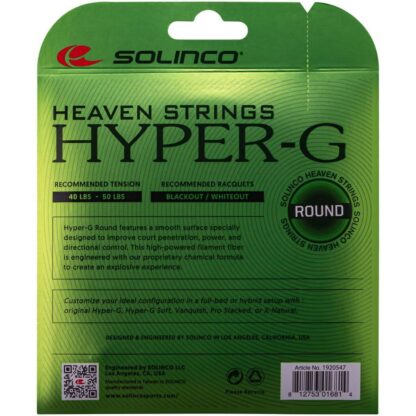 The back of a set of Solinco Hyper-G Round 125 string in Neon Green colour.