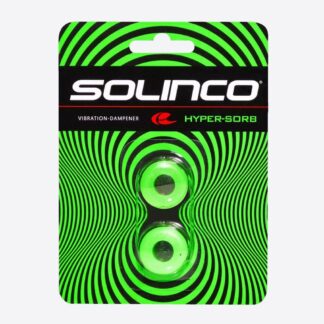 Pack of dampeners for tennis from Solinco, with 2 dampeners. Solinco Hyper-Sorb Tennis dampener in Neon Green.
