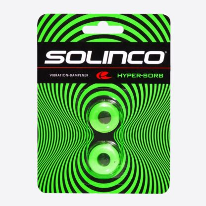 Pack of dampeners for tennis from Solinco, with 2 dampeners. Solinco Hyper-Sorb Tennis dampener in Neon Green.