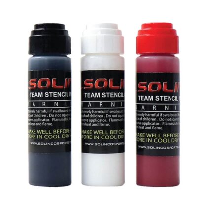 Three stencil inks in different colours for racquet strings. Solinco Stencil Ink in Black, White and Red.