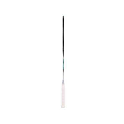 Side view of black and silver badminton racquet with turquoise details from Yonex. White grip. Yonex Astrox 88 D Pro in Black/Silver.