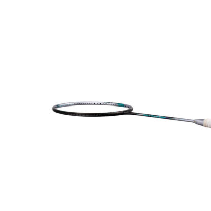Side view of black and silver badminton racquet with turquoise details from Yonex. Astrox in turqouise writing on the side of the shaft. White grip. Yonex Astrox 88 D Pro in Black/Silver.