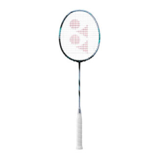 Black and silver badminton racquet with turquoise details from Yonex. Tour in turqouise writing on the side of the frame. White strings with red Yonex logo and white grip. Yonex Astrox 88 D Tour in Black/Silver.