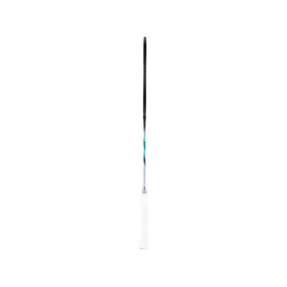 Side view of black and silver badminton racquet with turquoise details from Yonex. White grip. Yonex Astrox 88 D Tour in Black/Silver.