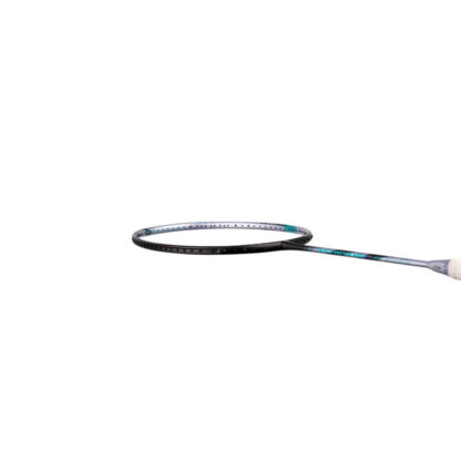 Side view of black and silver badminton racquet with turquoise details from Yonex. Tour in turqouise writing on the side of the shaft. White grip. Yonex Astrox 88 D Tour in Black/Silver.
