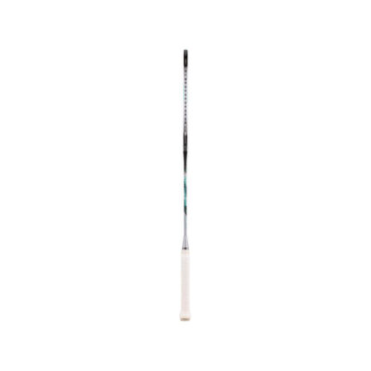 Side view of black and silver badminton racquet with turquoise details from Yonex. White grip. Yonex Astrox 88 Play in Black/Silver.
