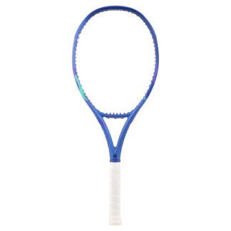 Blue and light blue tennis racquet from Yonex. White grip. Yonex in silver writing on the side with blue Yonex logo. Yonex Ezone 100 Blast Blue 2025 model.