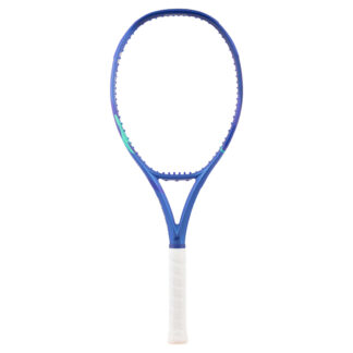 Blue and light blue tennis racquet from Yonex. White grip. Yonex in silver writing on the side with blue Yonex logo. Yonex Ezone 100L Blast Blue 2025 model.