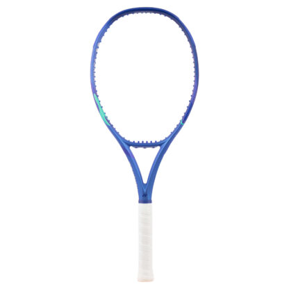 Blue and light blue tennis racquet from Yonex. White grip. Yonex in silver writing on the side with blue Yonex logo. Yonex Ezone 100L Blast Blue 2025 model.