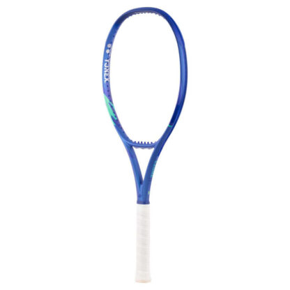Side view of blue and light blue tennis racquet from Yonex. White grip. With blue Yonex logo. Yonex Ezone 100L Blast Blue 2025 model.
