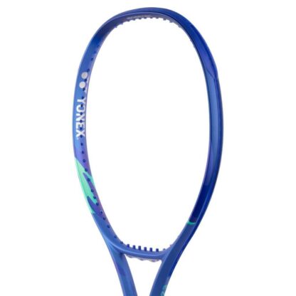Close up of blue and light blue tennis racquet from Yonex. White grip. Yonex in silver on the inside of the frame. Yonex Ezone 100L Blast Blue 2025 model.