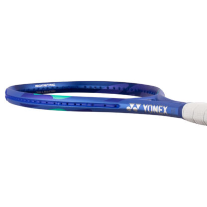 Lying view of blue and light blue tennis racquet from Yonex. White grip. Yonex in silver writing on the side with blue Yonex logo. Yonex Ezone 100L Blast Blue 2025 model.