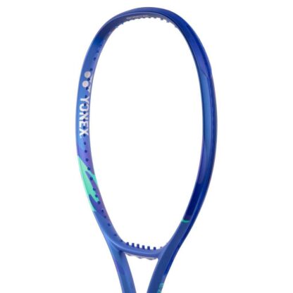 Close up of blue and light blue tennis racquet from Yonex. White grip. Yonex in silver on the inside of the frame. Yonex Ezone 100 Blast Blue 2025 model.