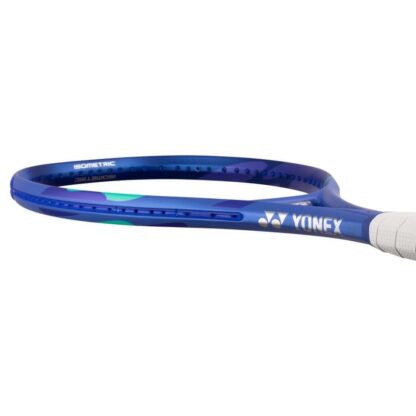 Lying view of blue and light blue tennis racquet from Yonex. White grip. Yonex in silver writing on the side with blue Yonex logo. Yonex Ezone 100 Blast Blue 2025 model.