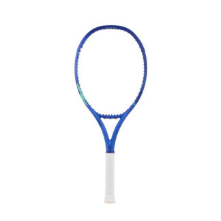 Blue and light blue tennis racquet from Yonex. White grip. Yonex in silver writing on the side with blue Yonex logo. Yonex Ezone 110 Blast Blue 2025 model.