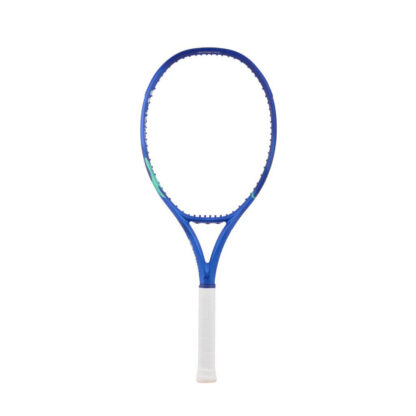 Blue and light blue tennis racquet from Yonex. White grip. Yonex in silver writing on the side with blue Yonex logo. Yonex Ezone 110 Blast Blue 2025 model.