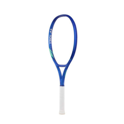 Side view of blue and light blue tennis racquet from Yonex. White grip. With blue Yonex logo. Yonex Ezone 110 Blast Blue 2025 model.
