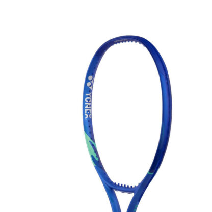 Close up of blue and light blue tennis racquet from Yonex. White grip. Yonex in silver on the inside of the frame. Yonex Ezone 110 Blast Blue 2025 model.