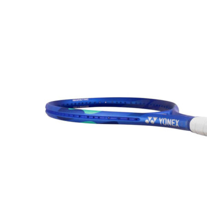 Lying view of blue and light blue tennis racquet from Yonex. White grip. Yonex in silver writing on the side with blue Yonex logo. Yonex Ezone 110 Blast Blue 2025 model.