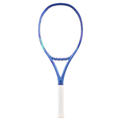 Blue and light blue tennis racquet from Yonex. White grip. Yonex in silver writing on the side with blue Yonex logo. Yonex Ezone 98 Blast Blue 2025 model.