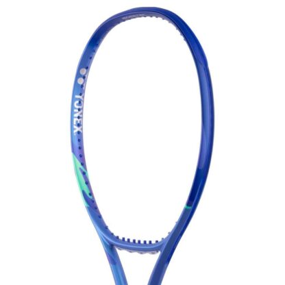 Close up of blue and light blue tennis racquet from Yonex. White grip. Yonex in silver on the inside of the frame. Yonex Ezone 98 Blast Blue 2025 model.