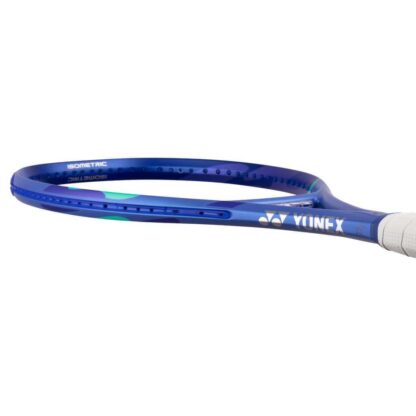 Lying view of blue and light blue tennis racquet from Yonex. White grip. Yonex in silver writing on the side with blue Yonex logo. Yonex Ezone 98 Blast Blue 2025 model.
