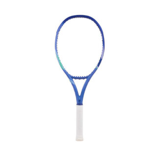 Blue and light blue tennis racquet from Yonex. White grip. Yonex in silver writing on the side with blue Yonex logo. Yonex Ezone Alpha Blast Blue 2025 model.