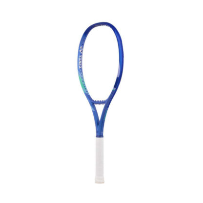 Side view of blue and light blue tennis racquet from Yonex. White grip. With blue Yonex logo. Yonex Ezone Alpha Blast Blue 2025 model.