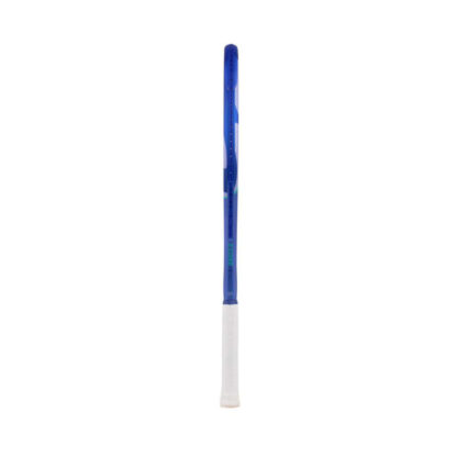 Side view of blue and light blue tennis racquet from Yonex. White grip. With blue Yonex logo. Yonex Ezone Alpha Blast Blue 2025 model.