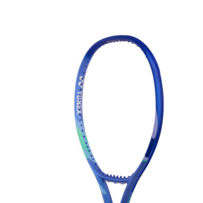 Close up of blue and light blue tennis racquet from Yonex. White grip. Yonex in silver on the inside of the frame. Yonex Ezone Alpha Blast Blue 2025 model.