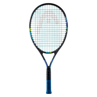 Black and blue tennis racquet from HEAD. Blue strings with black HEAD logo. Black and blue grip. HEAD Novak 25.