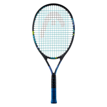Black and blue tennis racquet from HEAD. Blue strings with black HEAD logo. Black and blue grip. HEAD Novak 25.