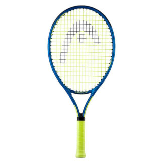 Blue and yellow junior tennis racquet from HEAD. Yellow strings with black HEAD logo and yellow grip. HEAD Speed 23 inch Junior racquet.