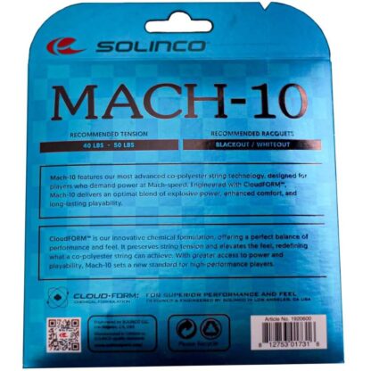 The back of a set of Solinco Mach-10 120 string in blue colour.