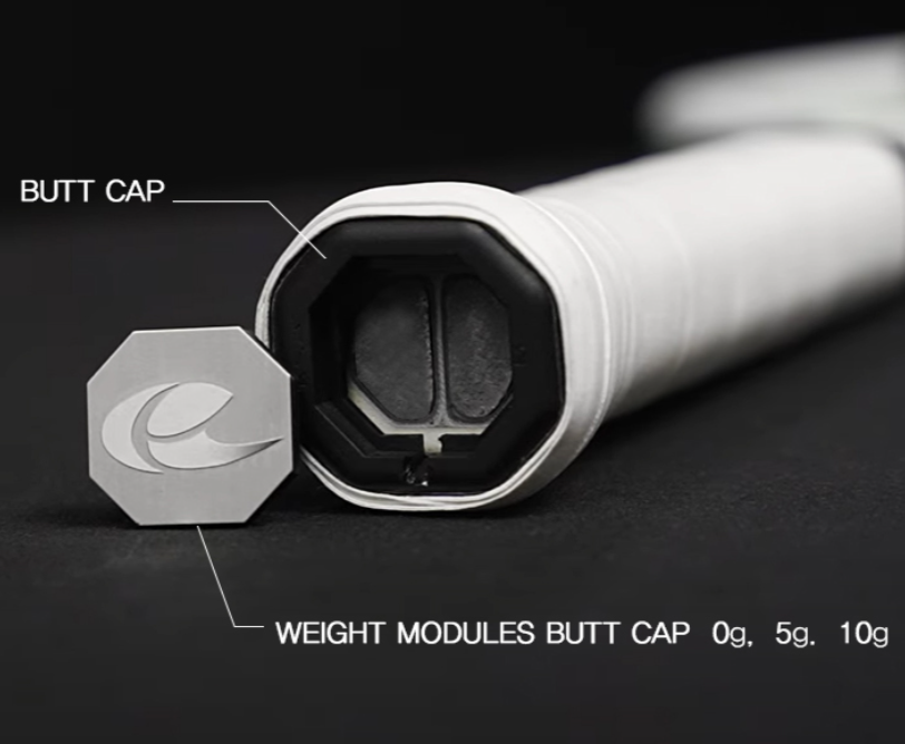 ButtCapp on racquet with the trapdoor (weight module) next to it.