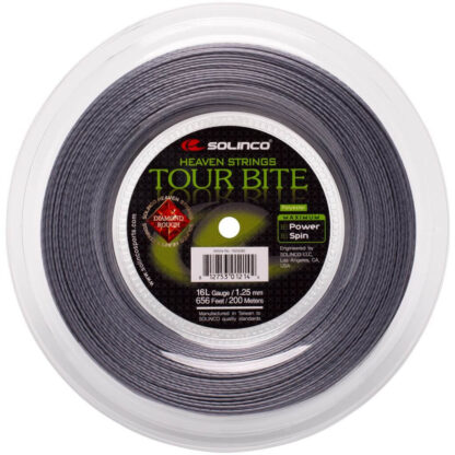 200m reel of Solinco Tour Bite Diamond Rough 125 string in silver colour.