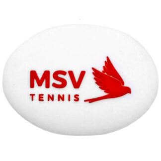 White oval tennis dampener from MSV with MSV Tennis in red writing and a red MSV logo. MSV Vibration Dampener Oval in White.