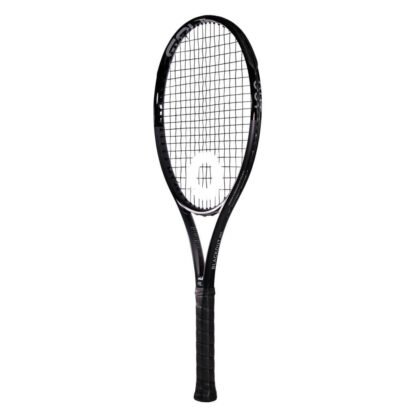 Sideview of Solinco BlackOut 265. Black grip. BlackOut in white writing on the side with white Solinco logo. Solinco BlackOut 265 model.