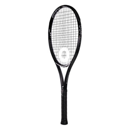 Sideview of Solinco BlackOut 265. Black grip. BlackOut in white writing on the side with white Solinco logo. Solinco BlackOut 265 model.