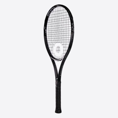 Sideview of Solinco BlackOut 300. Black grip. BlackOut in white writing on the side with white Solinco logo. Solinco BlackOut 300 model.