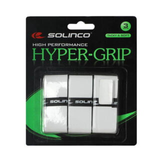 A pack of Hyper-Grip overgrips from Solinco. Grips in white colour.