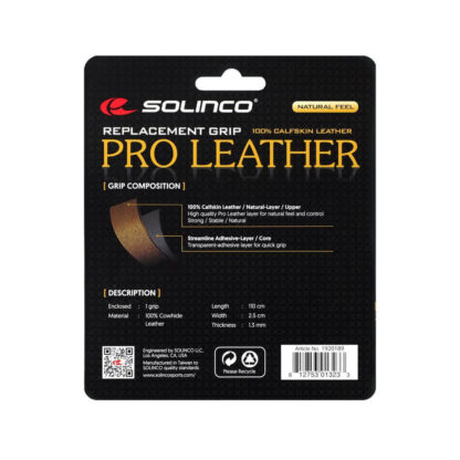 The back of a pack of single Solinco Pro Leather Replacement grip in brown.