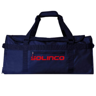 Navy blue duffle bag from Solinco. Solinco in red writing on the side. The bag has carrying straps as well as multiple pockets. Solinco Tech Duffle in navy.