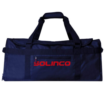 Navy blue duffle bag from Solinco. Solinco in red writing on the side. The bag has carrying straps as well as multiple pockets. Solinco Tech Duffle in navy.