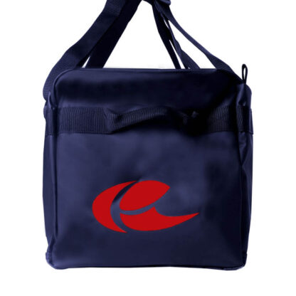 Side view of navy blue duffle bag from Solinco. The bag has carrying straps as well as multiple pockets. Red Solinco logo on the side. Solinco Tech Duffle in navy.