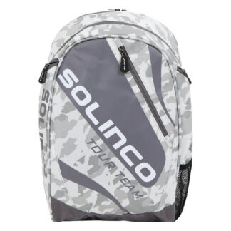 Backpack in white and grey camo with grey and white details. Multiple rooms, with room for tennis racquets. Solinco Tour Backpack in Arctic Camo.