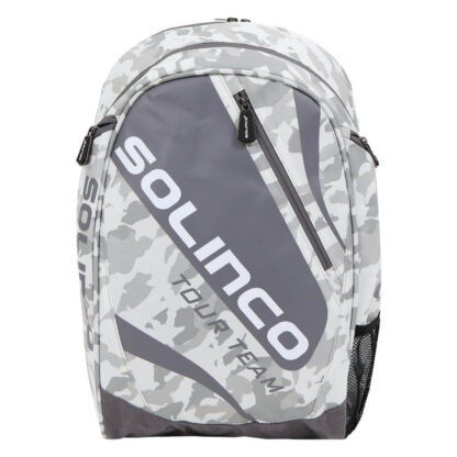 Backpack in white and grey camo with grey and white details. Multiple rooms, with room for tennis racquets. Solinco Tour Backpack in Arctic Camo.