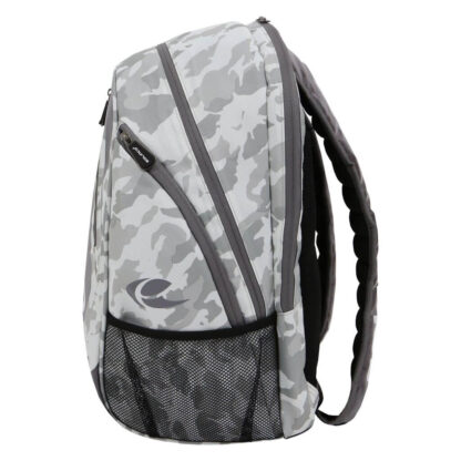 Side view of backpack in white and grey camo with grey and white details. Multiple rooms, with room for tennis racquets. With side mesh pocket. Solinco Tour Backpack in Arctic Camo.